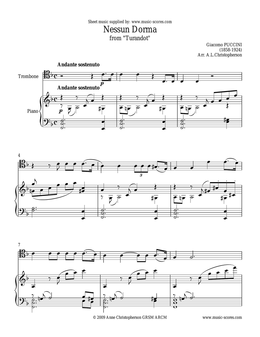 Nessun Dorma - Trombone and Piano Piano scores gallery preview page 1