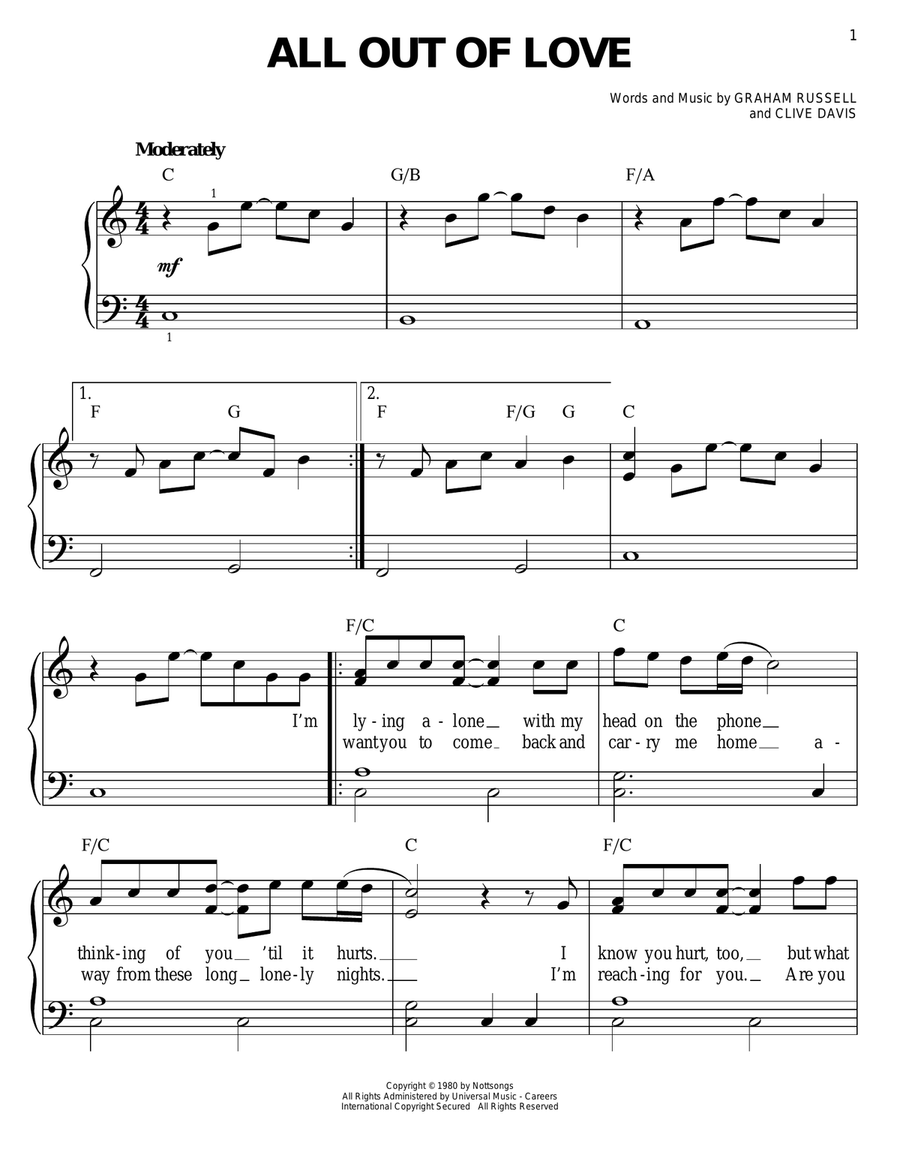 All Out Of Love Easy Piano scores gallery preview page 1