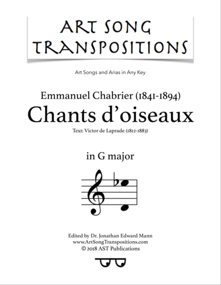 CHABRIER: Chants d'oiseaux (transposed to G major) Voice scores gallery preview page 1