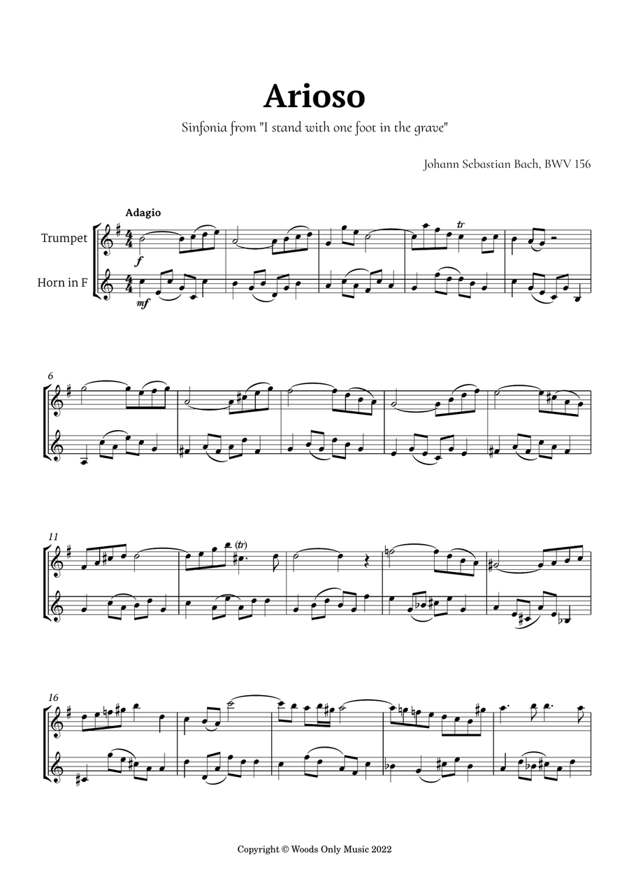 Arioso by Bach for Trumpet and French Horn Brass Duet scores gallery preview page 2