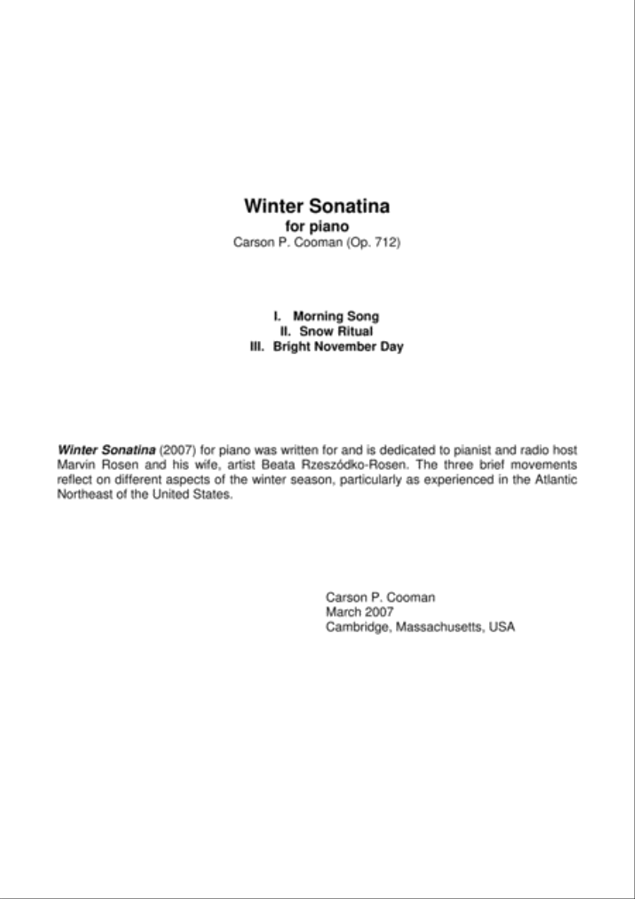 Carson Cooman: Winter Sonatina (2007) for piano Easy Piano scores gallery preview page 1