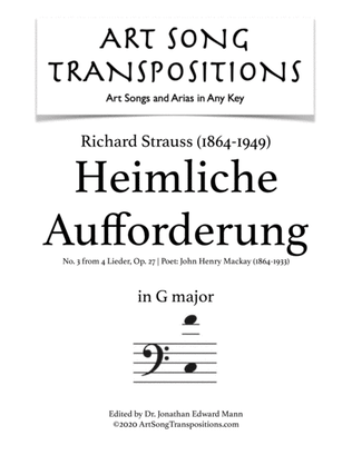 Book cover for STRAUSS: Heimliche Aufforderung, Op. 27 no. 3 (transposed to G major, bass clef)