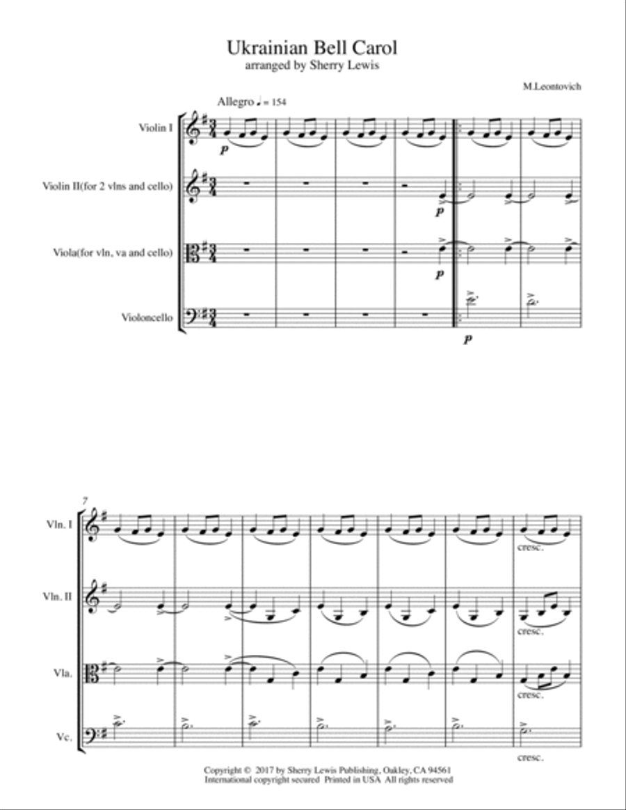 UKRAINIAN BELL CAROL (Carol of the Bells) String Trio, Intermediate Level for 2 violins and cello or Cello scores gallery preview page 4
