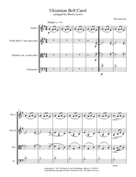 UKRAINIAN BELL CAROL (Carol of the Bells) String Trio, Intermediate Level for 2 violins and cello or image number null