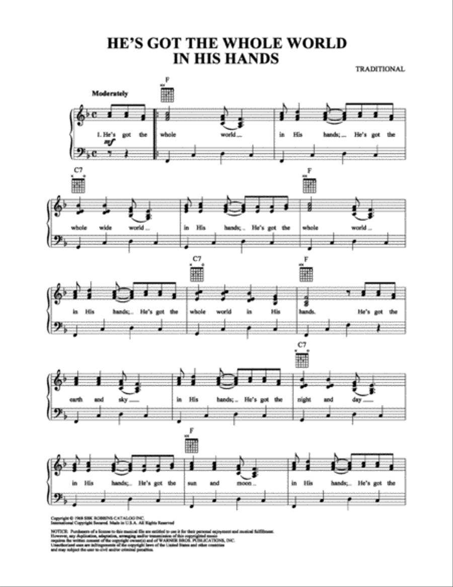 He's Got The Whole World In His Hands Piano, Vocal, Guitar scores gallery preview page 1