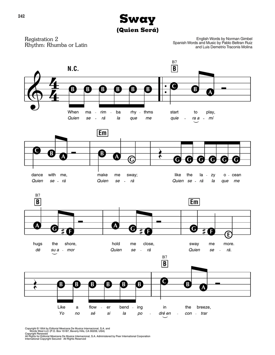 Sway (Quien Sera) Electronic Keyboard scores gallery preview page 1