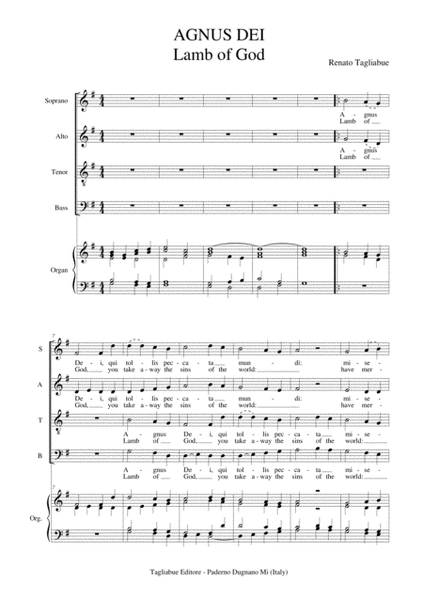 AGNUS DEI - Lamb of God - Tagliabue - Double Canon for Assembly, SATB Choir and Organ image number null