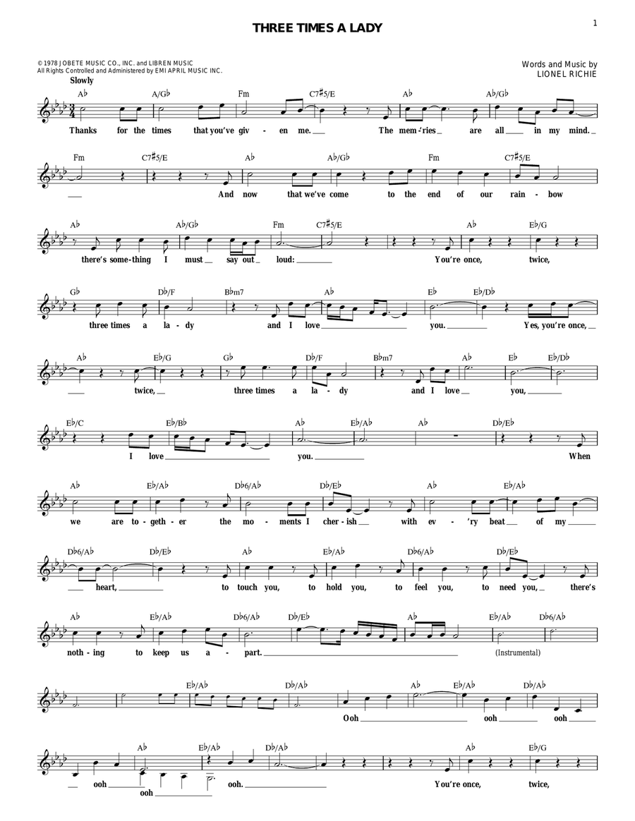 Three Times A Lady Piano scores gallery preview page 1