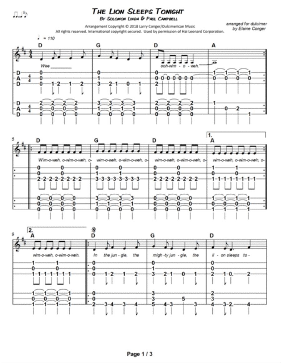 The Lion Sleeps Tonight Dulcimer scores gallery preview page 2