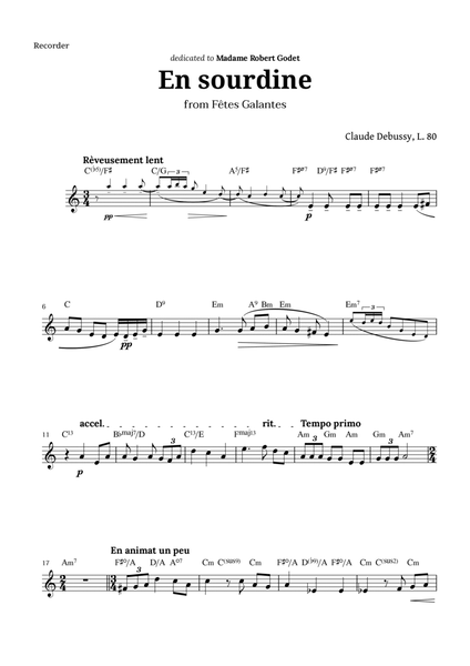 En sourdine by Debussy for Recorder and Chords image number null