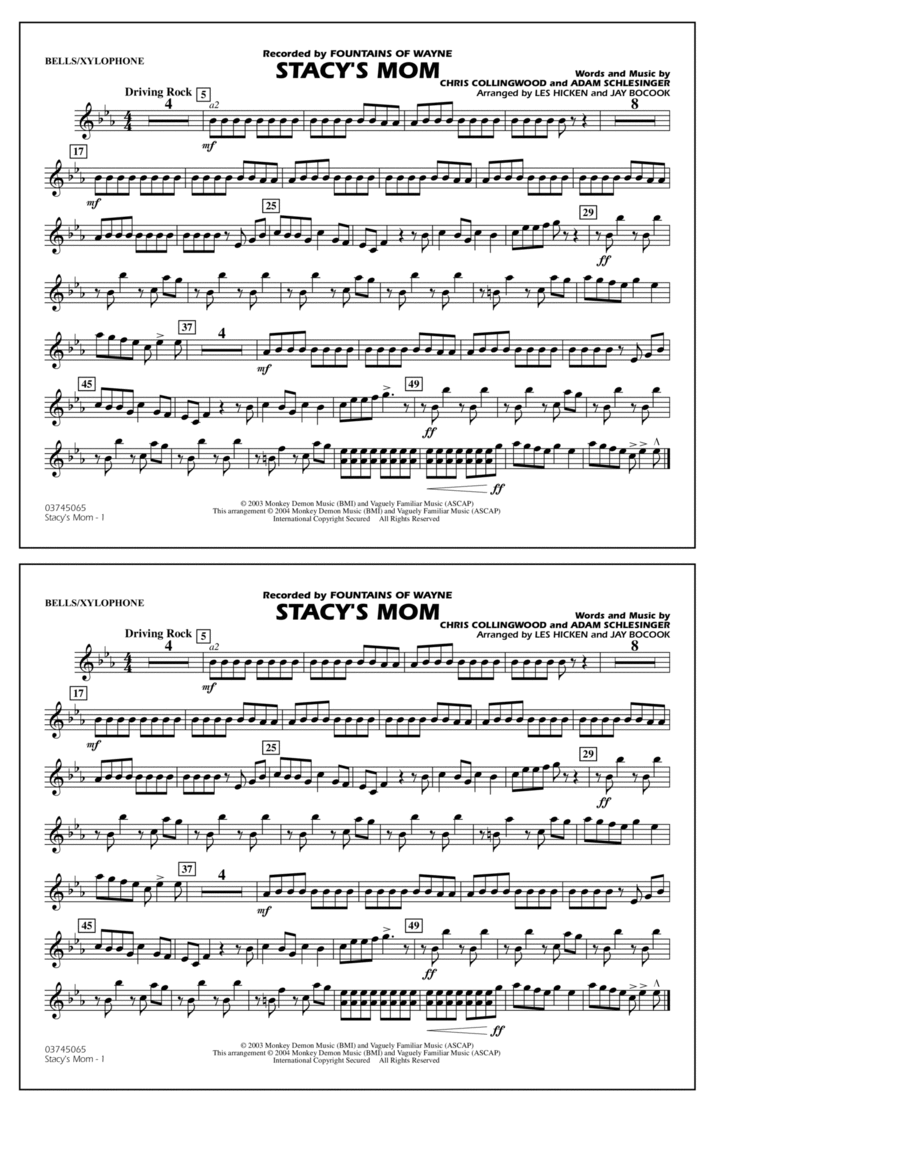 Stacy's Mom (arr. Les Hicken and Jay Bocook) - Bells/Xylophone Marching Band scores gallery preview page 1