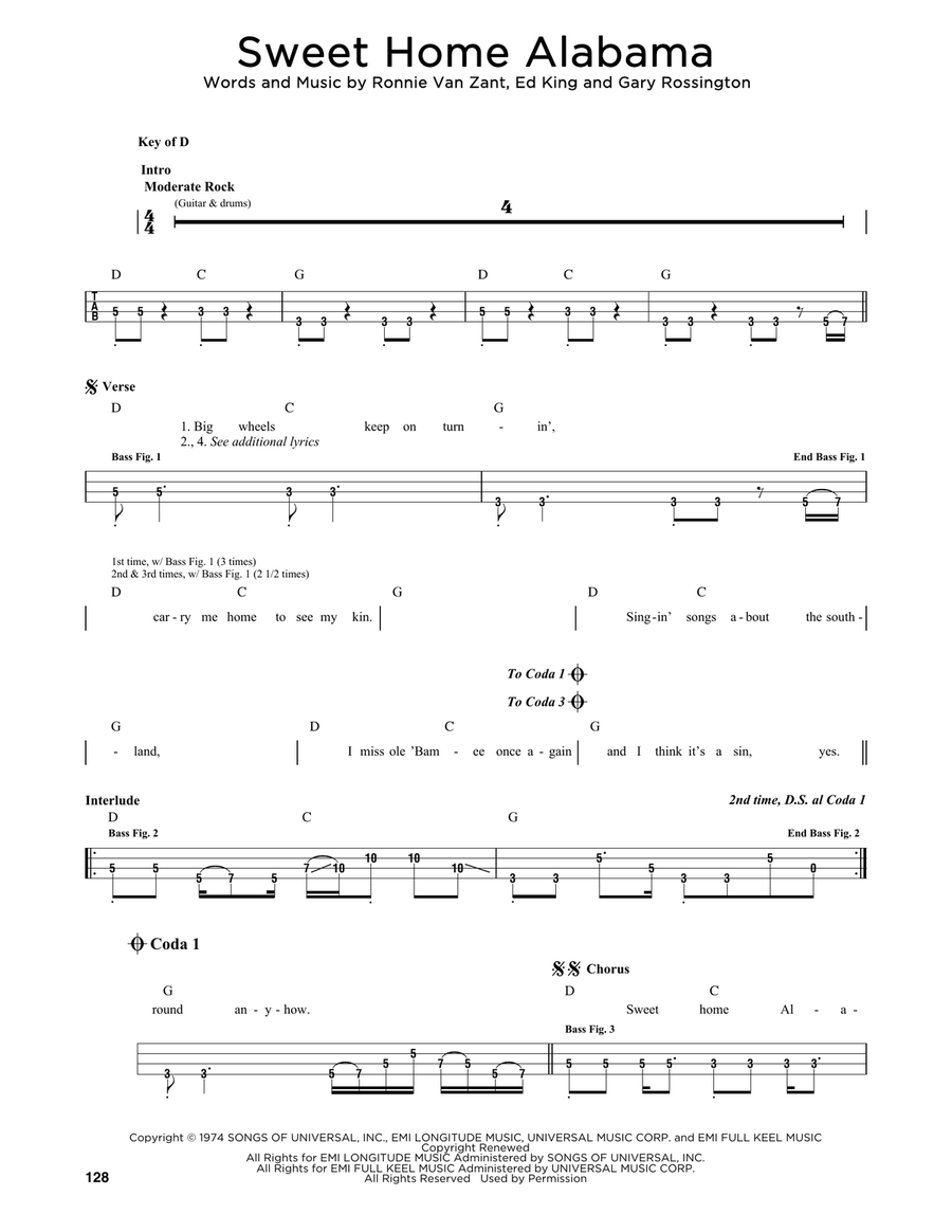 Sweet Home Alabama Bass Guitar scores gallery preview page 1