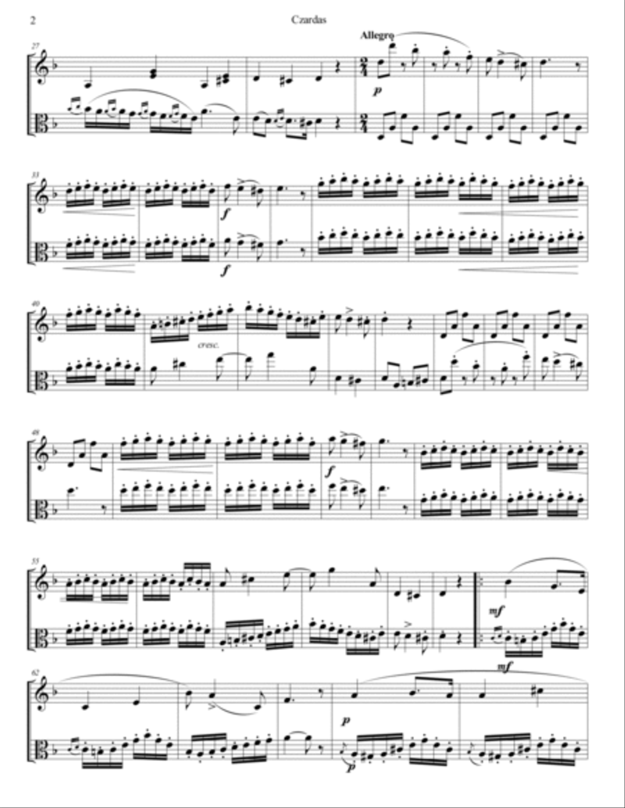 Vittorio Monti - Czardas arr. for violin and viola (score and parts)