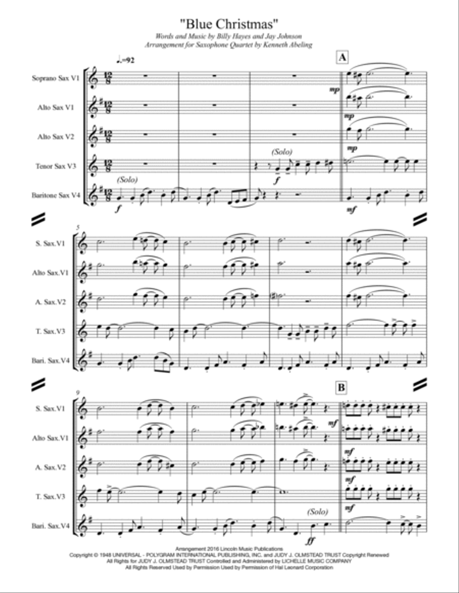 Blue Christmas Saxophone Quartet scores gallery preview page 2