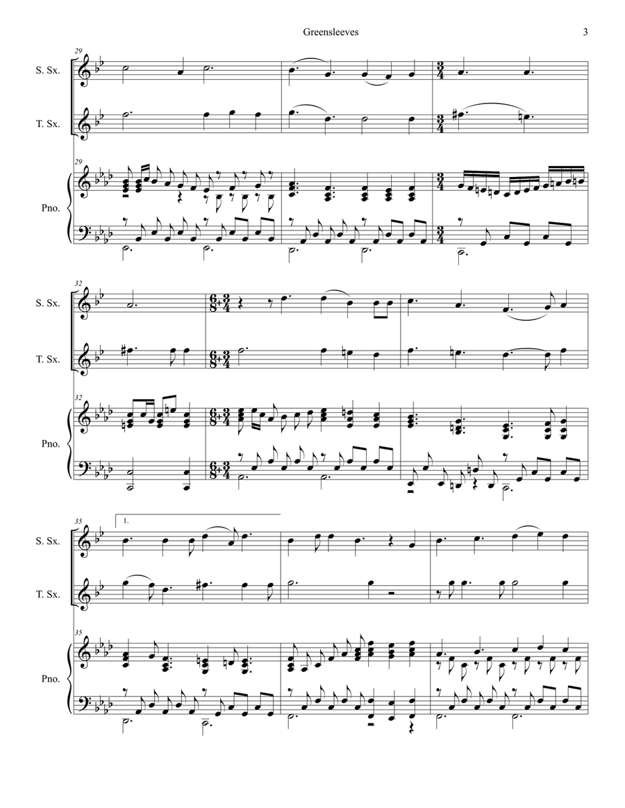 Greensleeves (Duet for Soprano and Tenor Saxophone) Woodwind Duet scores gallery preview page 3
