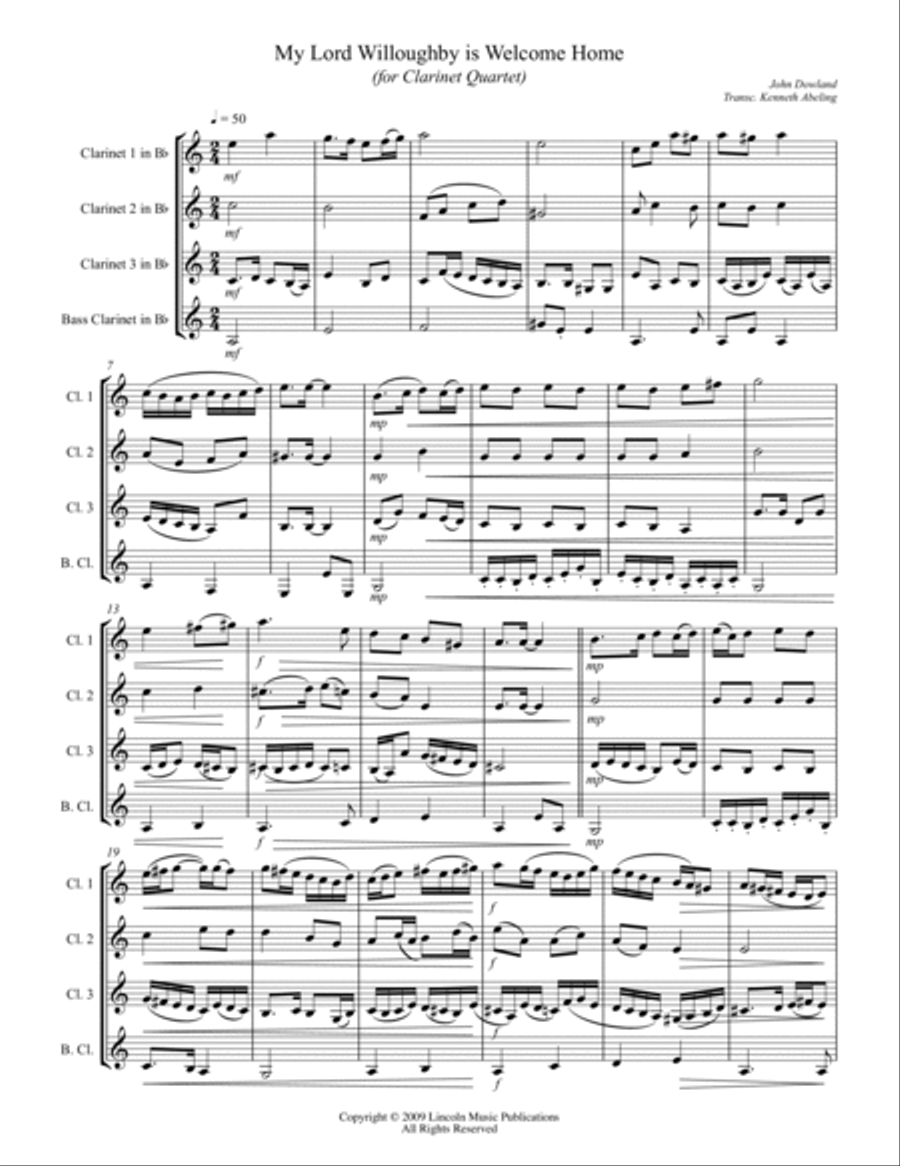 My Lord Willoughby is Welcome Home (for Clarinet Quartet) Clarinet Quartet scores gallery preview page 2