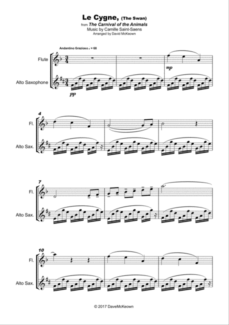 The Swan, (Le Cygne), by Saint-Saens, Duet for Flute and Alto Saxophone Woodwind Duet scores gallery preview page 1