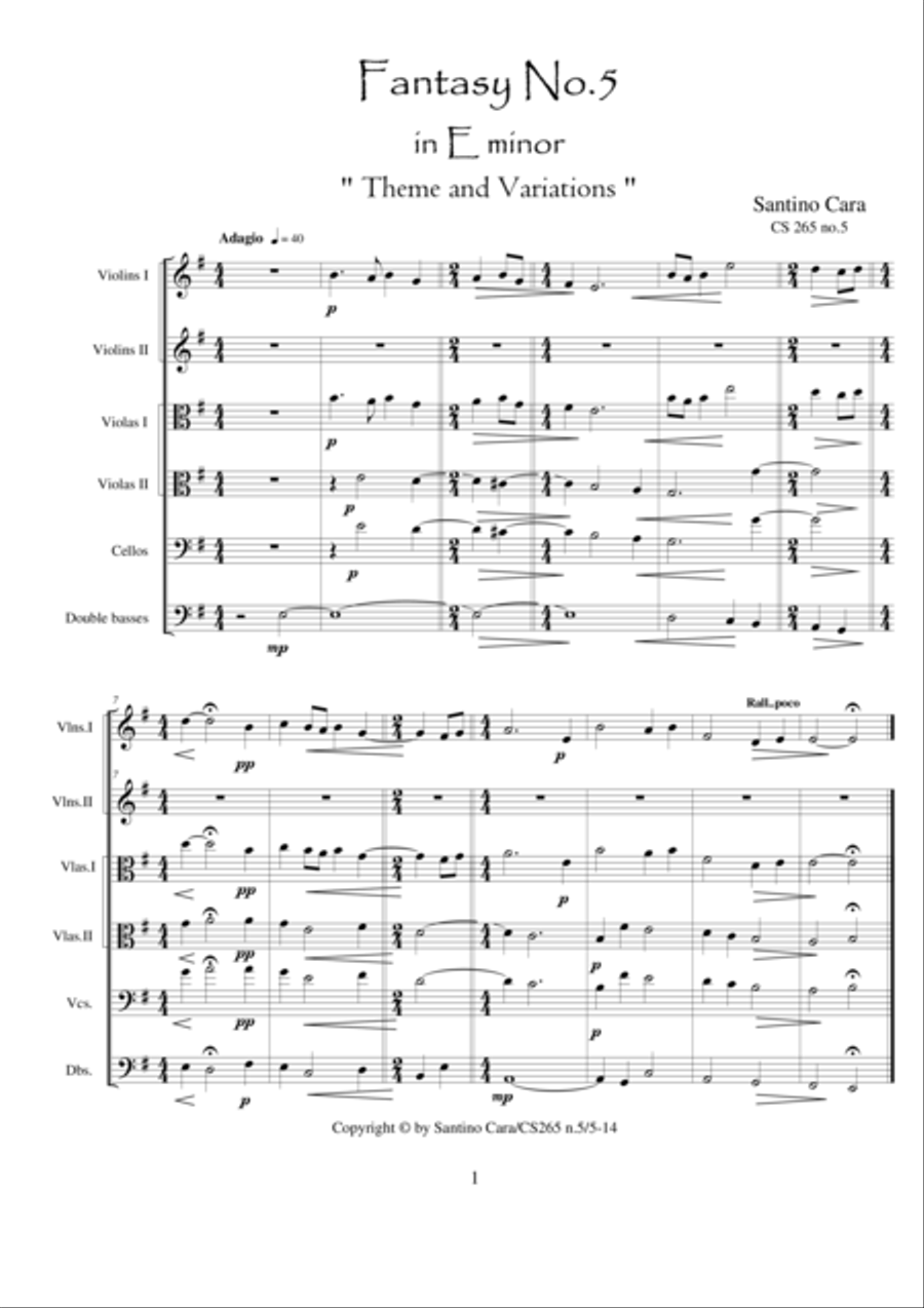 Fantasy no.5 in E minor - CS 265 forString orchestra String Quartet scores gallery preview page 1