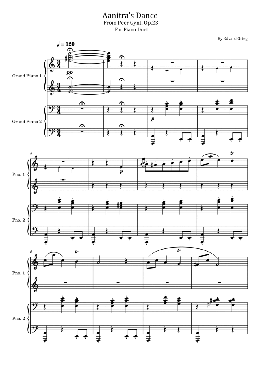 Grieg - Anitra's Dance - From Peer Gynt No.3 Op.23 - For Piano Duet 1 Piano, 4-Hands scores gallery preview page 1