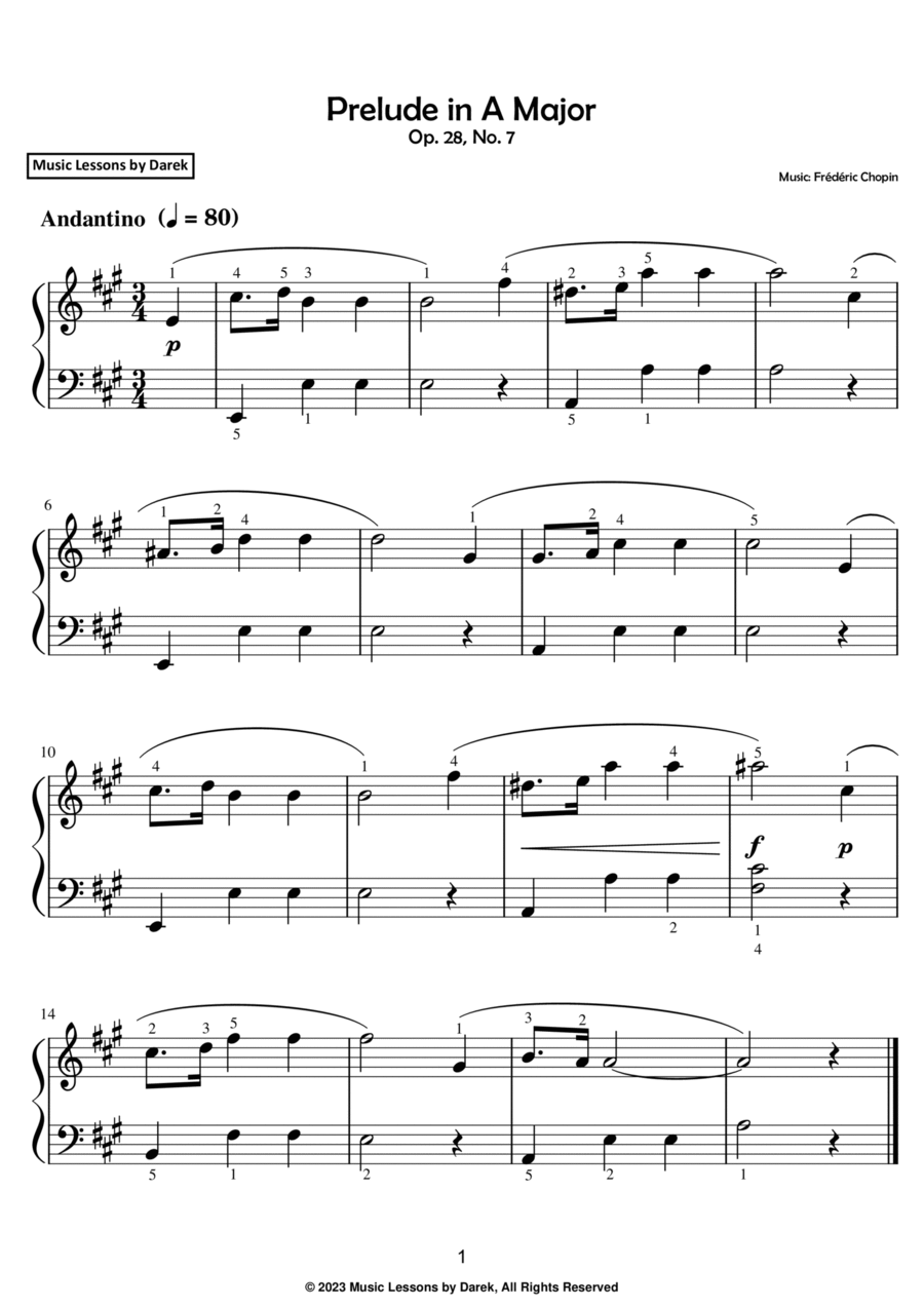 Prelude in A Major (EASY PIANO) Op. 28, No. 7 [Frédéric Chopin] Easy Piano scores gallery preview page 1
