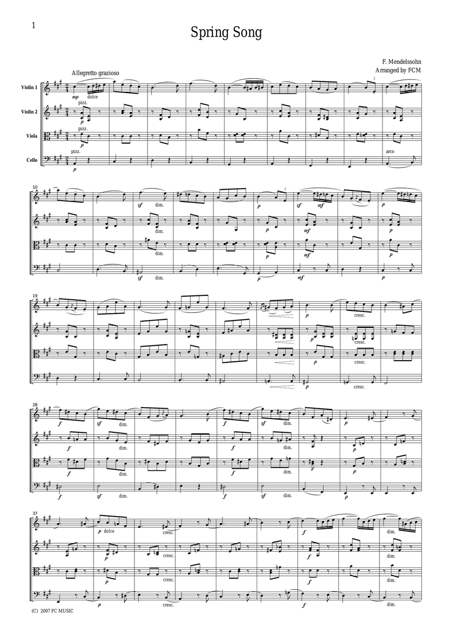Mendelssohn Spring Song, for string quartet, CM202 String Quartet scores gallery preview page 1