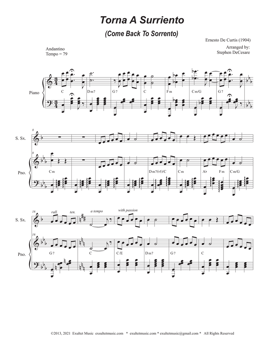 Torna A Surriento (Come Back to Sorrento) (Soprano Saxophone and Piano) Soprano Saxophone scores gallery preview page 2