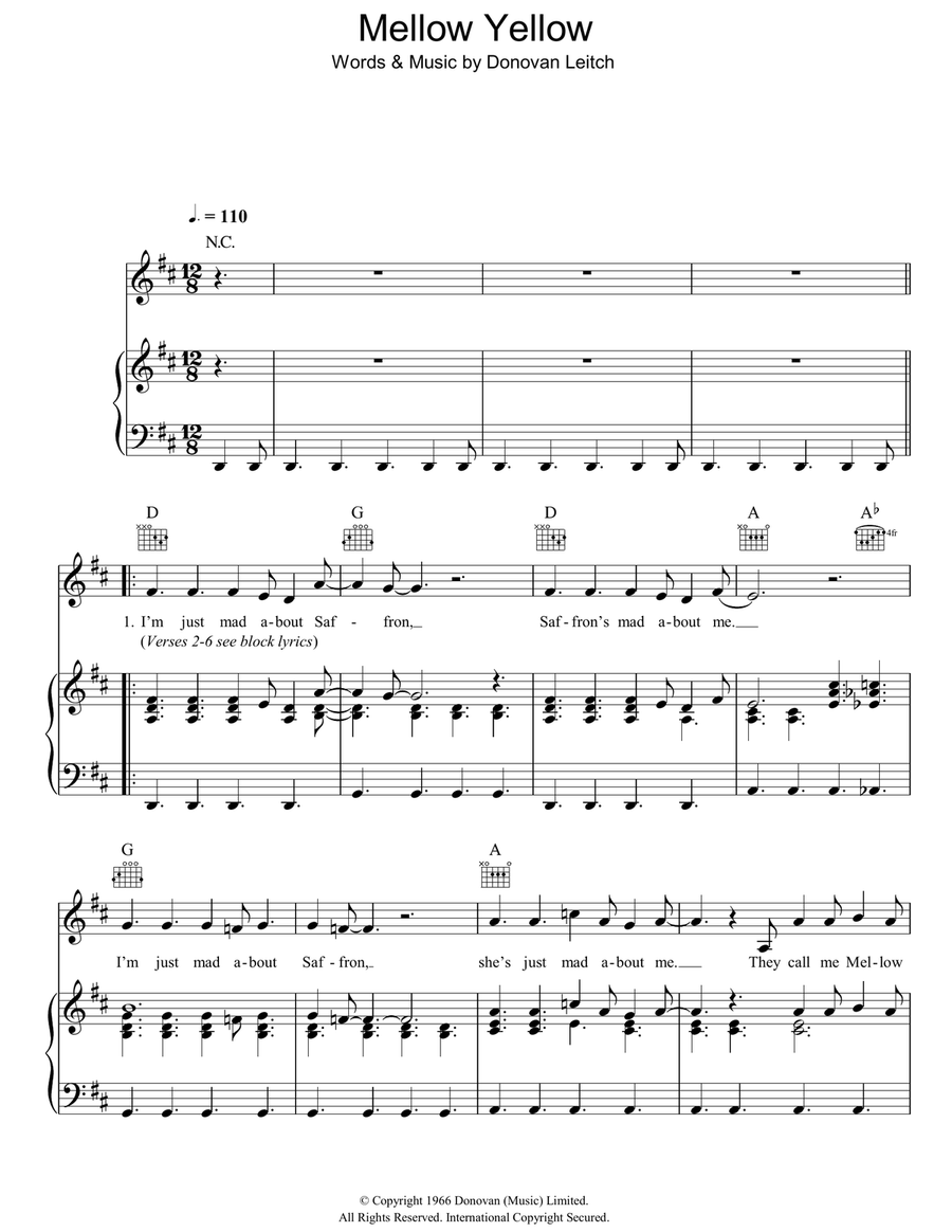 Mellow Yellow Piano, Vocal, Guitar scores gallery preview page 1