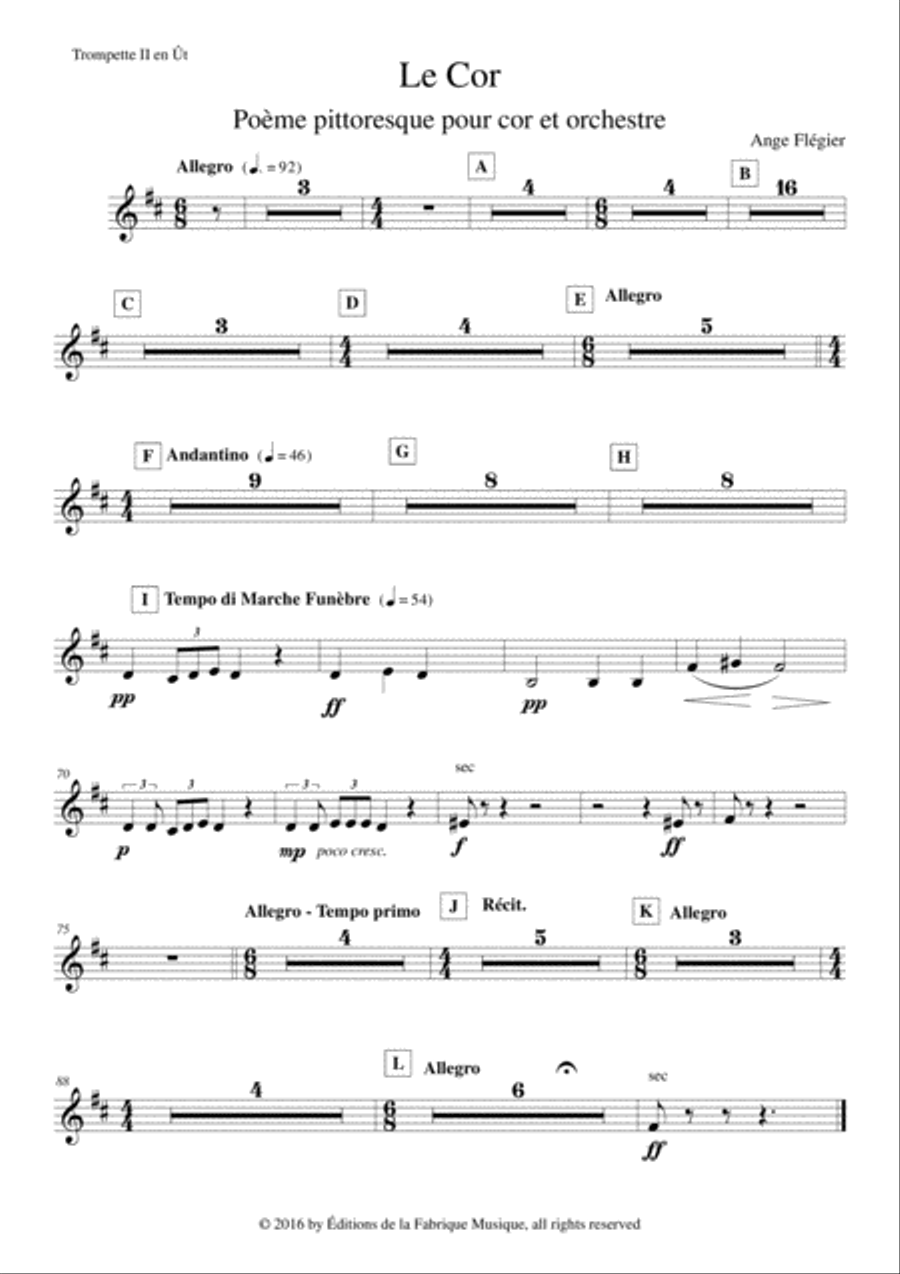 Ange Flégier: Le Cor for horn and orchestra, C trumpet 2 part Full Orchestra scores gallery preview page 1