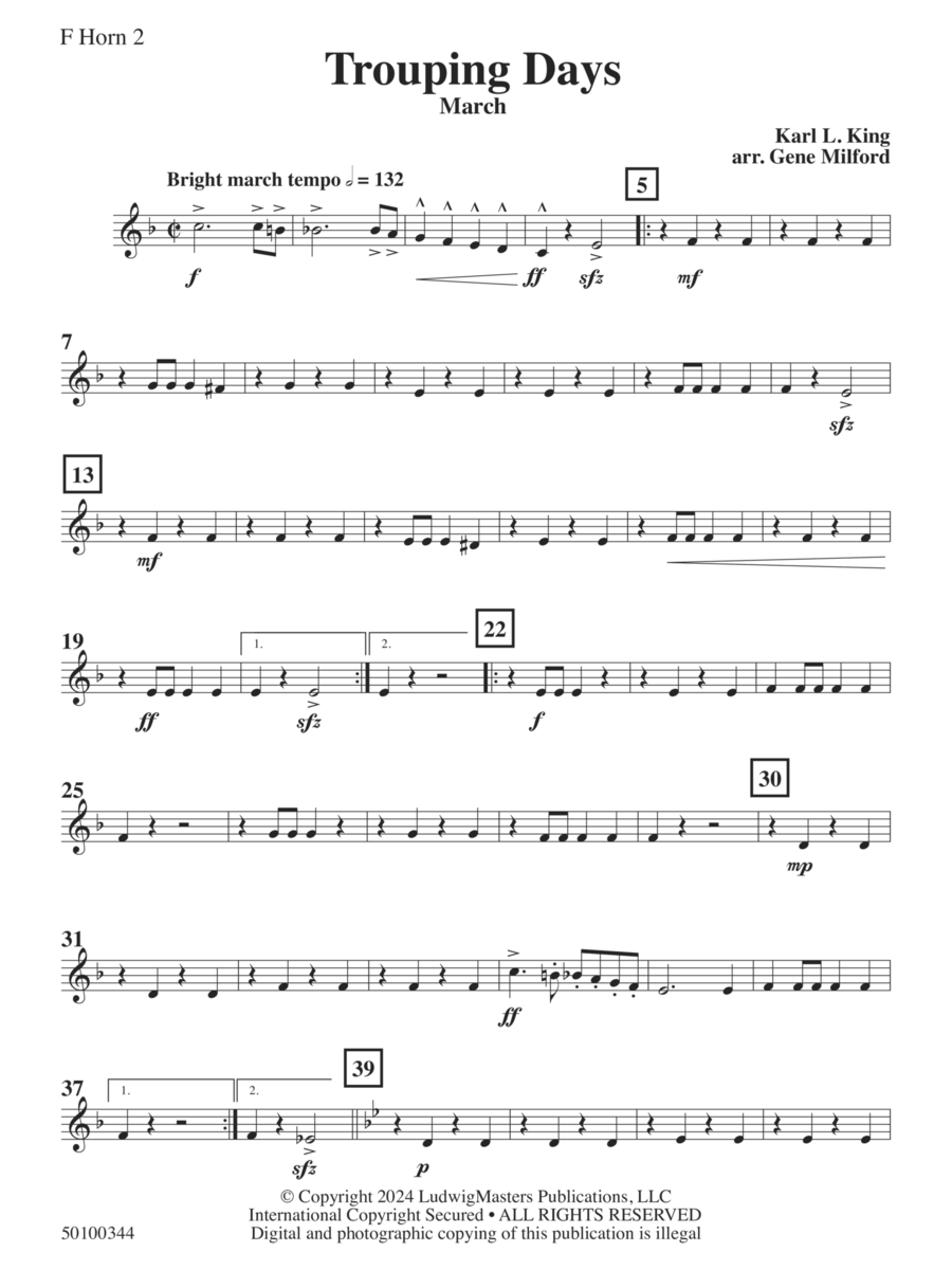 Trouping Days (arr. Gene Milford) - Horn 2 Concert Band scores gallery preview page 1