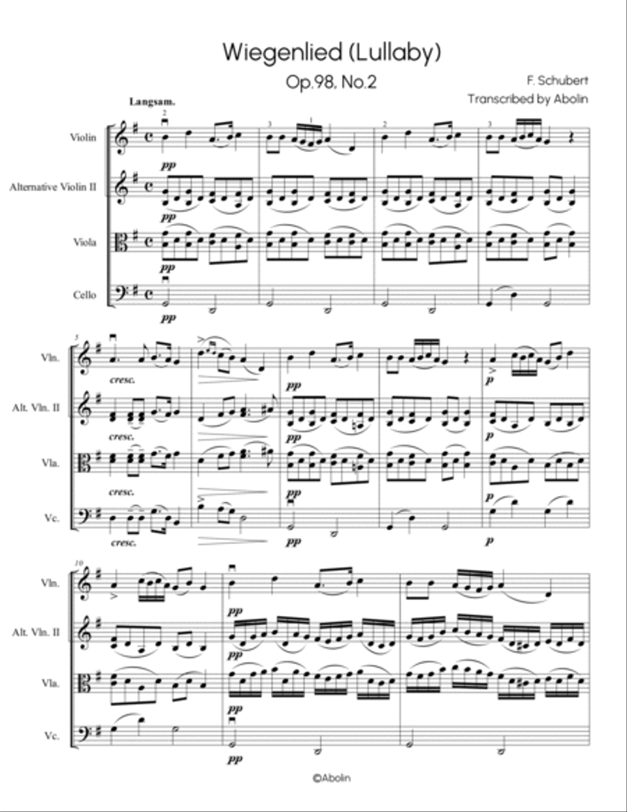 Schubert: Wiegenlied (Lullaby), Op.98, No.2 - String Trio, or 2 Violins and Cello String Trio scores gallery preview page 2