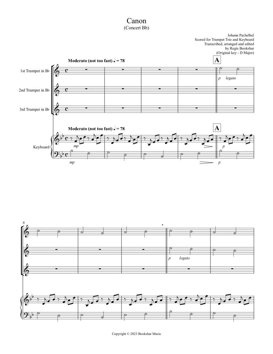 Canon (Pachelbel) (Bb) (Trumpet Trio, Keyboard) Trumpet Trio scores gallery preview page 1