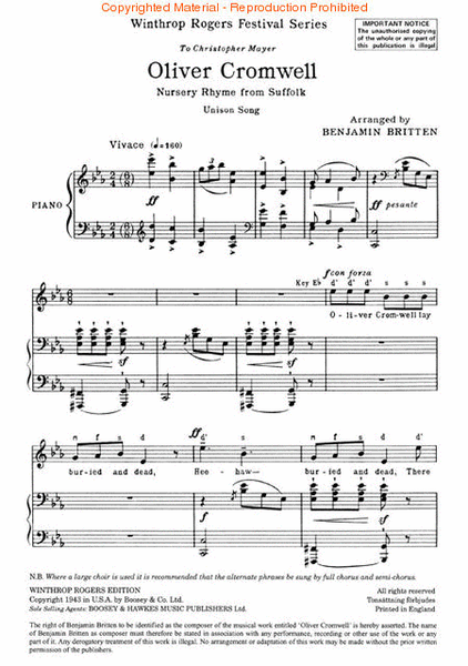 Oliver Cromwell by Benjamin Britten Unison Choir - Sheet Music