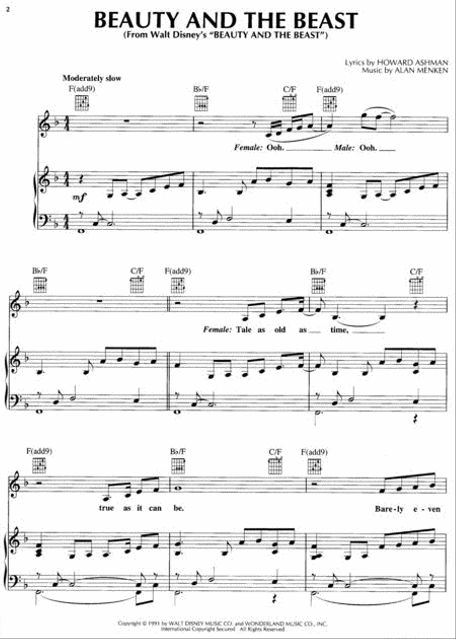 Beauty and the Beast Piano, Vocal, Guitar scores gallery preview page 2
