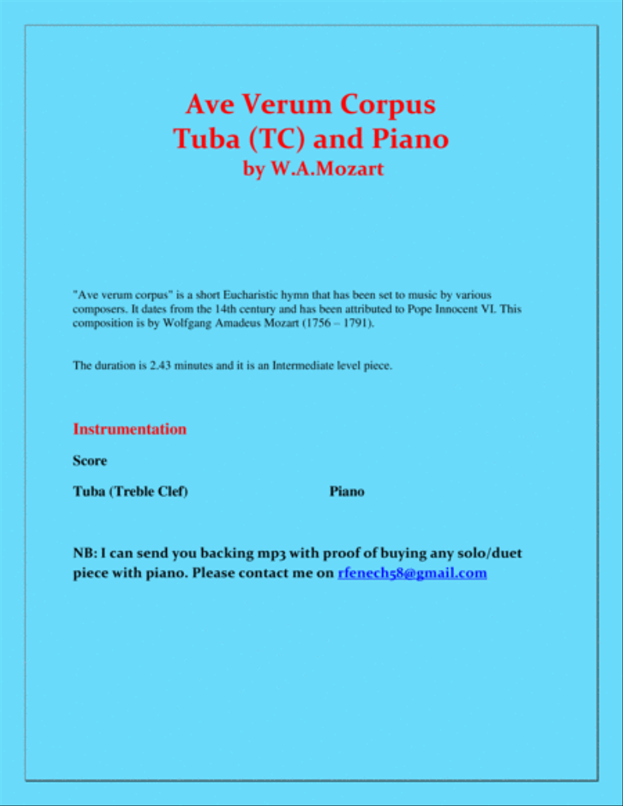 Ave Verum Corpus - Tuba (TC) and Piano - Intermediate level Piano scores gallery preview page 2