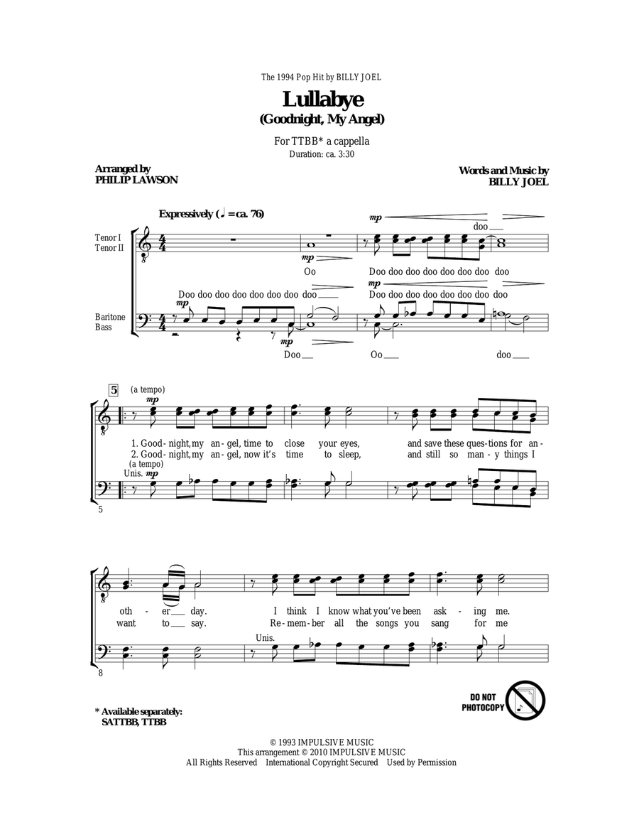 Lullabye (Goodnight, My Angel) TTBB scores gallery preview page 1