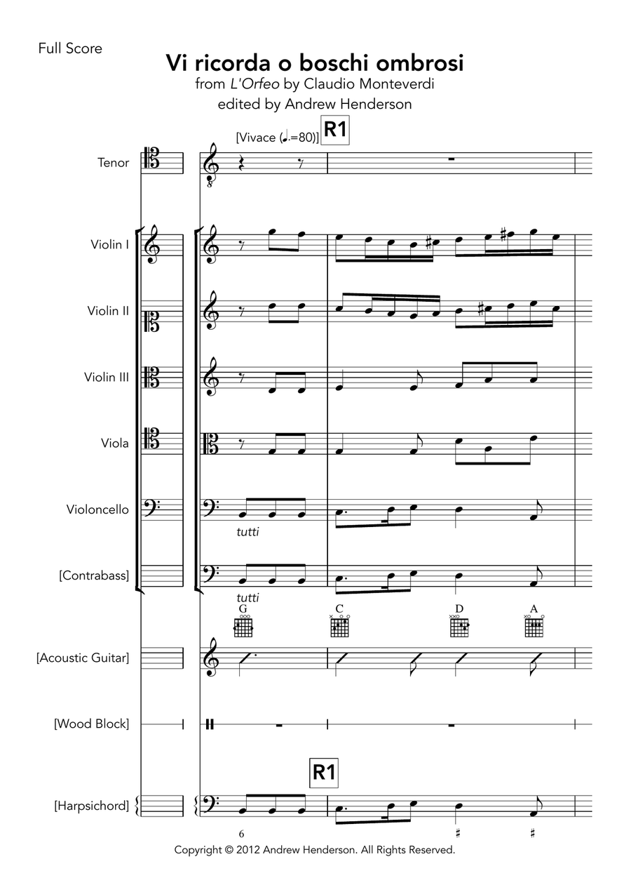 Vi ricorda o boschi ombrosi (score and parts for tenor and strings, with editorial guitar, harpsicho String Orchestra scores gallery preview page 1