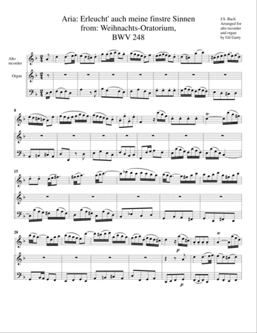Aria: Erleucht' auch meine finstre Sinnen from: Weihnachts-Oratorium, BWV 248 (arrangement for alto Small Ensemble scores gallery preview page 1