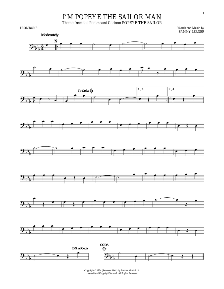 I'm Popeye The Sailor Man Trombone Solo scores gallery preview page 1