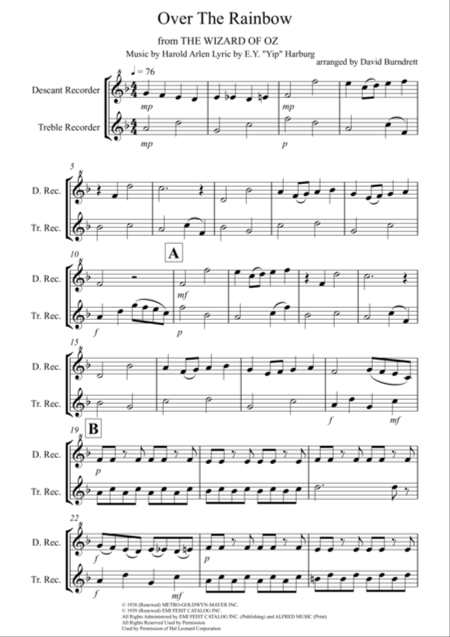 Over The Rainbow (from The Wizard Of Oz) Recorder scores gallery preview page 1