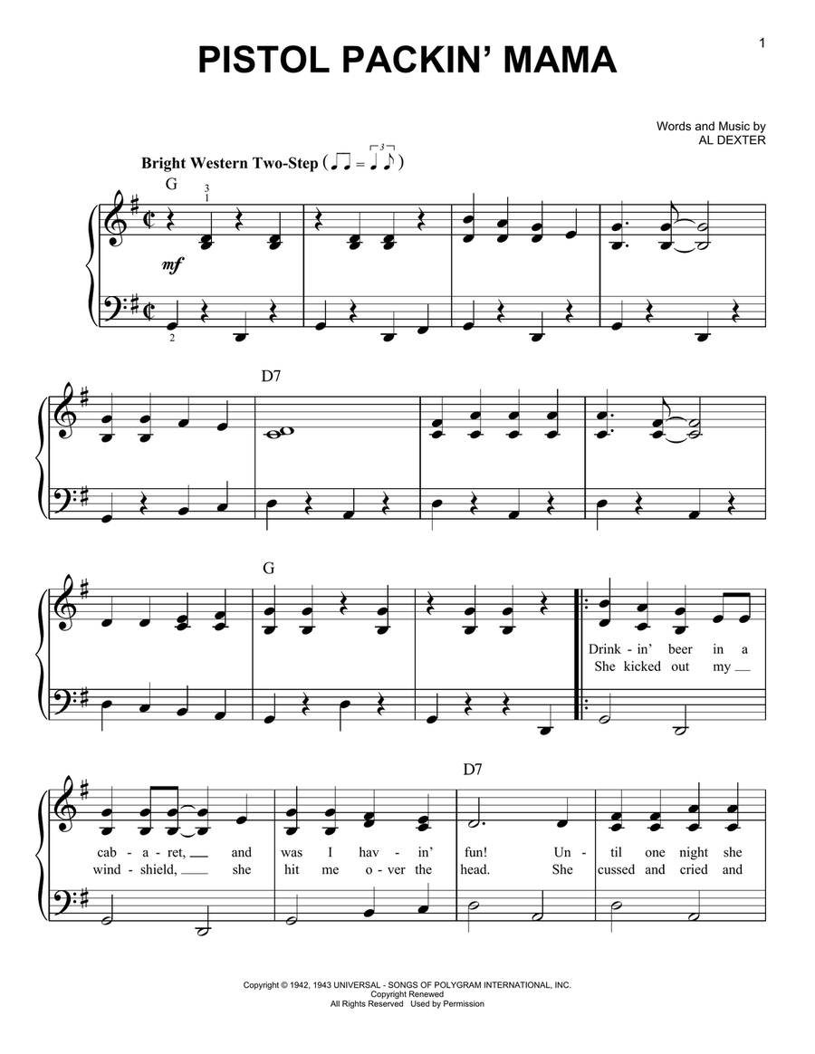 Pistol Packin' Mama Pistol Packin' Mama Easy Piano scores gallery preview page 1