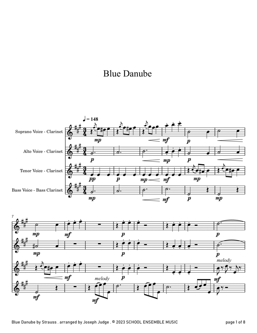 Blue Danube by Strauss for Clarinet Quartet in Schools Clarinet Quartet scores gallery preview page 1