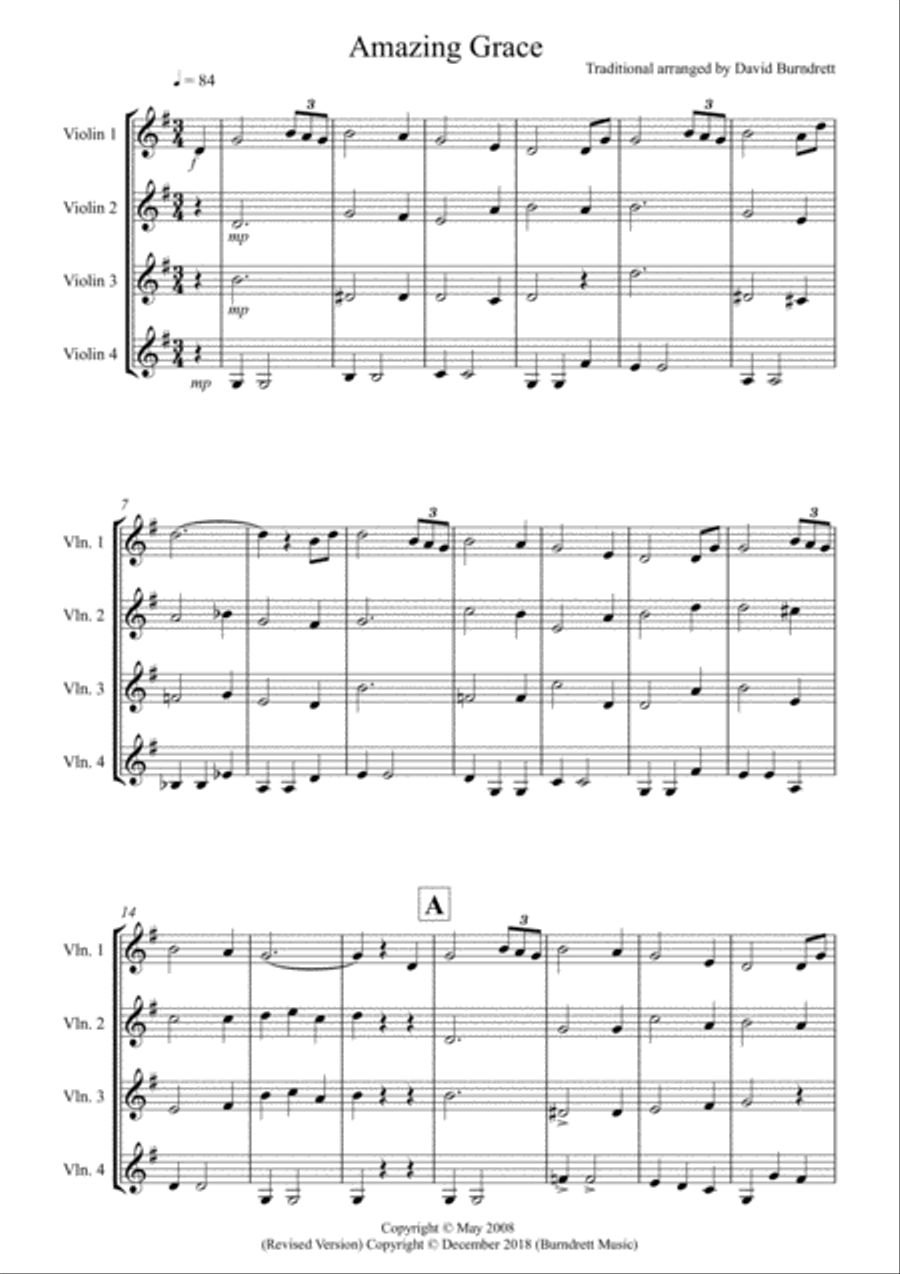 Amazing Grace for Violin Quartet Violin Solo scores gallery preview page 1