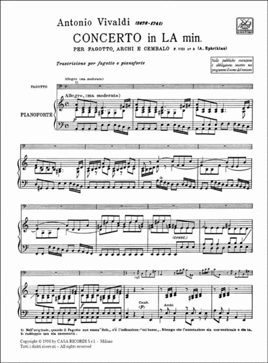 Concerto per Fagotto, Archi e BC in La min Rv 498