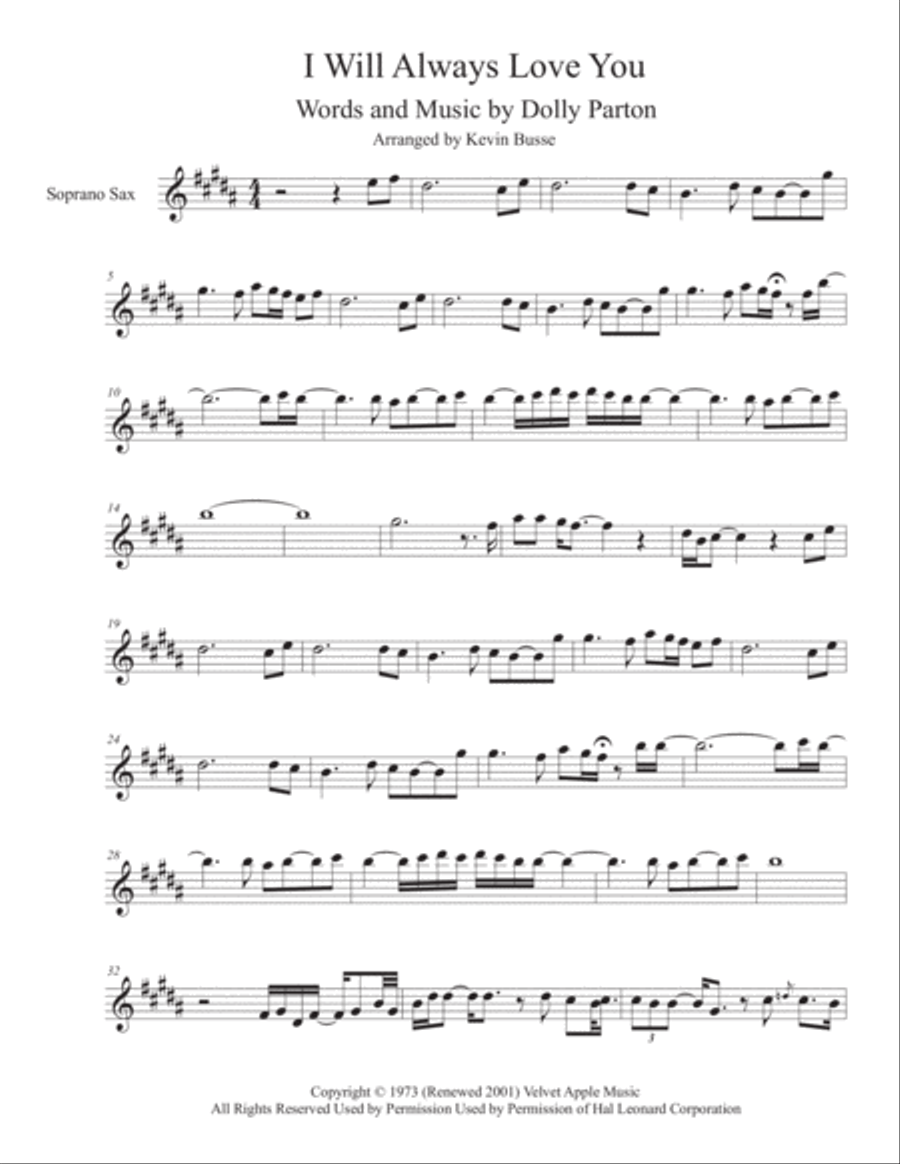 I Will Always Love You Soprano Saxophone scores gallery preview page 1