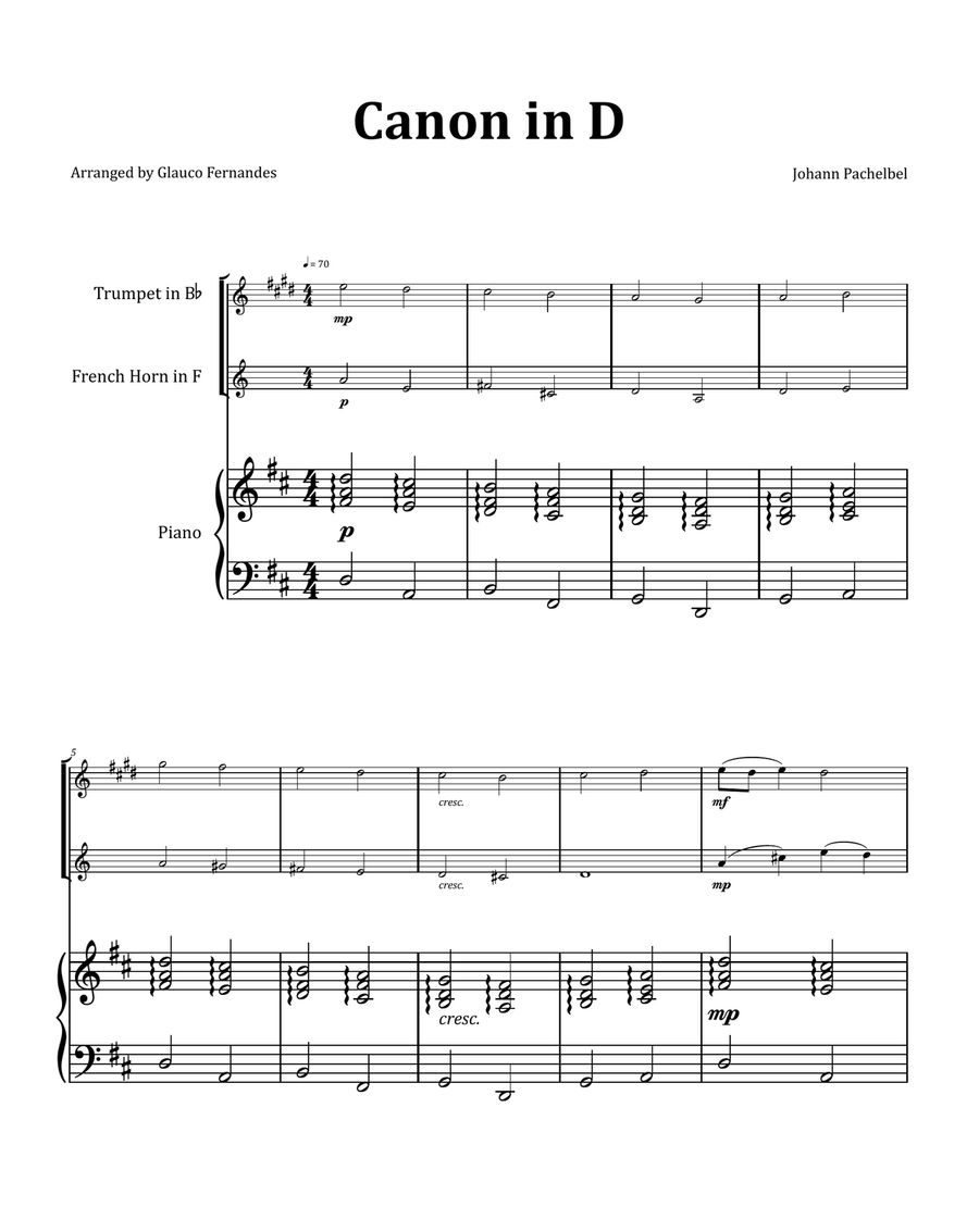 Canon by Pachelbel - Trumpet and French Horn Duet with Piano Brass Duet scores gallery preview page 1