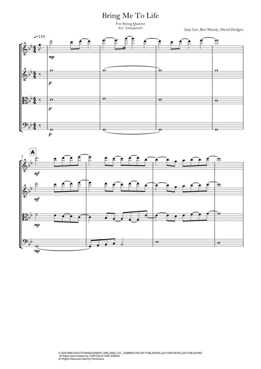 Bring Me To Life String Quartet scores gallery preview page 1