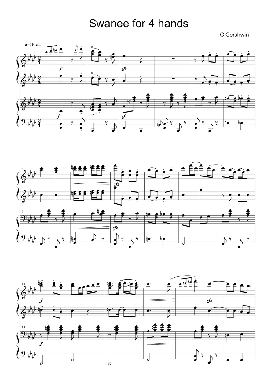 Swanee for 4 hands piano Piano Duet scores gallery preview page 1