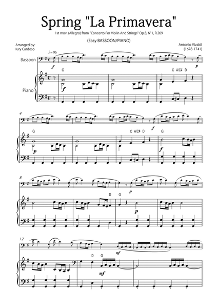 "Spring" (La Primavera) by Vivaldi - Easy version for BASSOON & PIANO image number null