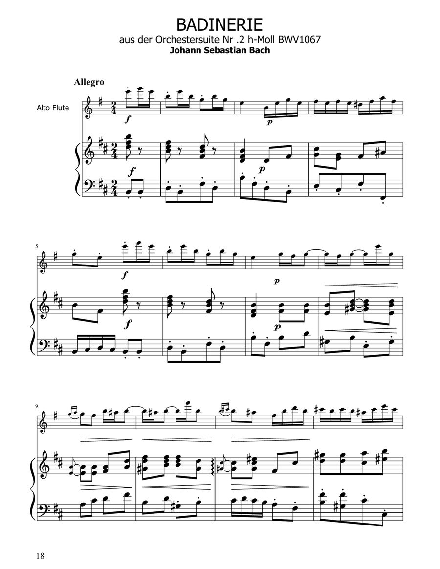 Badinerie - J.S Bach - BWV 1067 - Alto Flute Solo w/ Piano Flute Solo scores gallery preview page 1