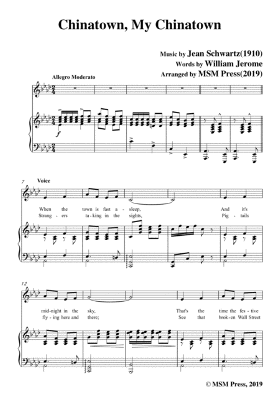 Jean Schwartz-Chinatown,My Chinatown,in A flat Major,for Voice and Piano Voice Solo scores gallery preview page 3